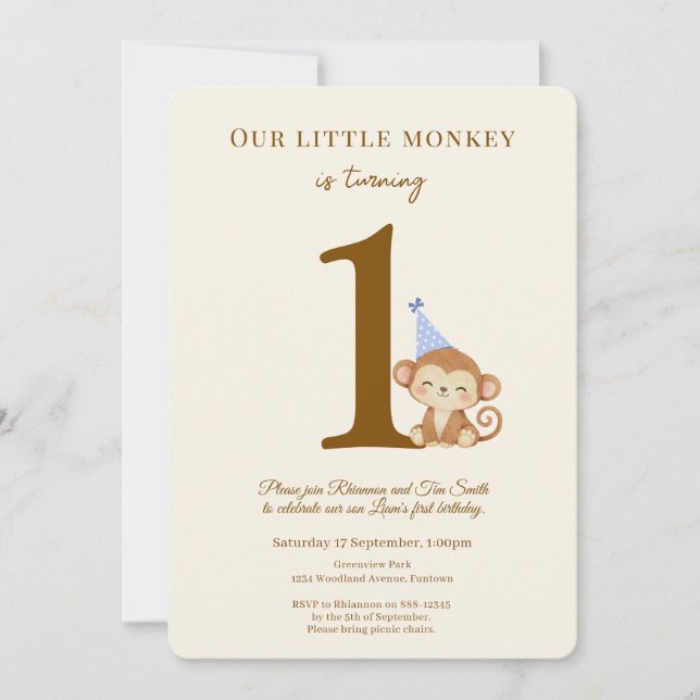 Little Monkey Boy First Birthday invitation (Front)