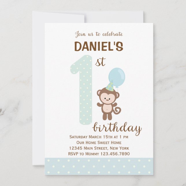 Little Monkey First Birthday Invitation (Blue) (Front)