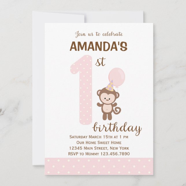 Little Monkey First Birthday Invitation (Pink) (Front)