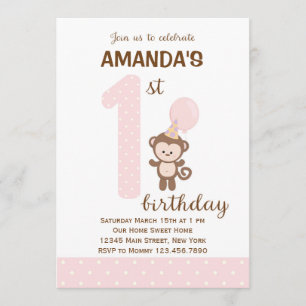 Little Monkey First Birthday Invitation (Pink)