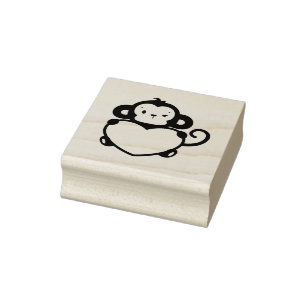 Little Monkey Holding Heart Rubber Stamp