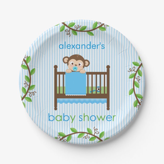 Little Monkey in a Crib Boy Paper Plate (Front)