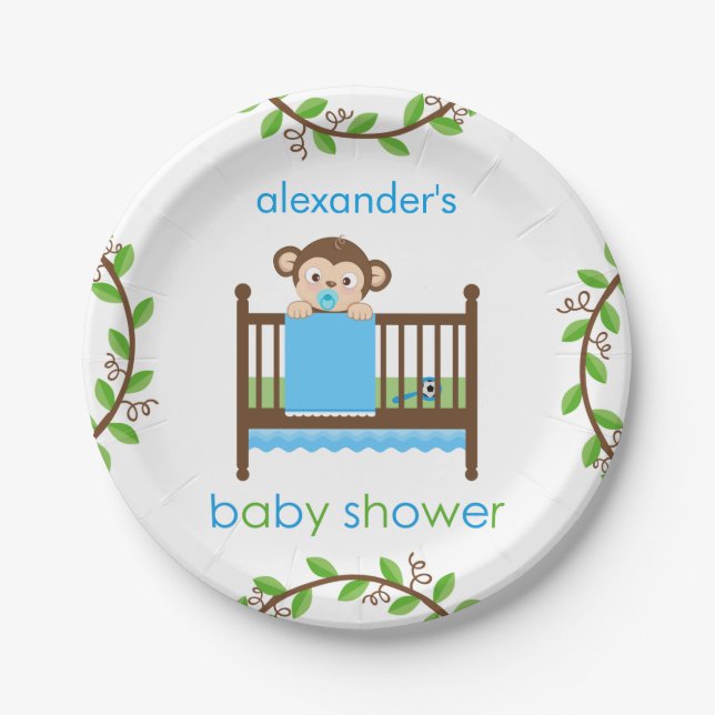 Little Monkey in a Crib Boy Paper Plate (Front)