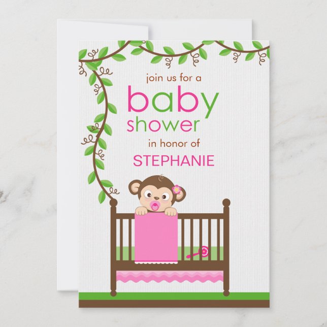 Little Monkey in a Crib Girl Baby Shower Invitation (Front)