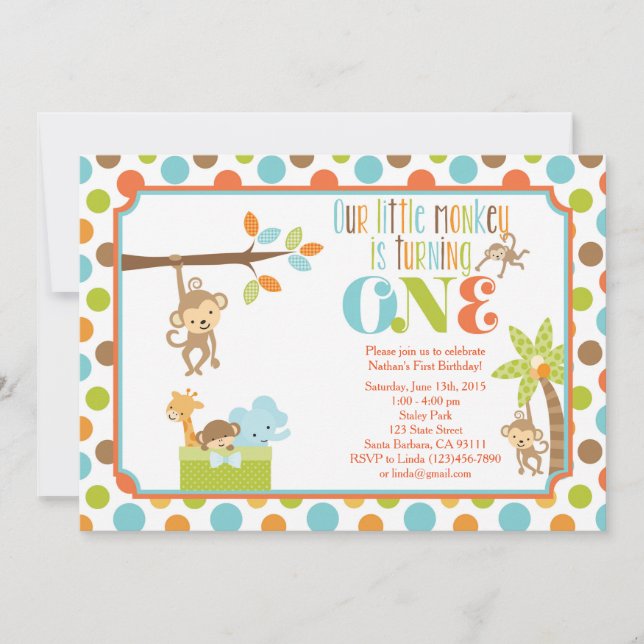 Little Monkey Jungle Animals First Birthday Invita Invitation (Front)
