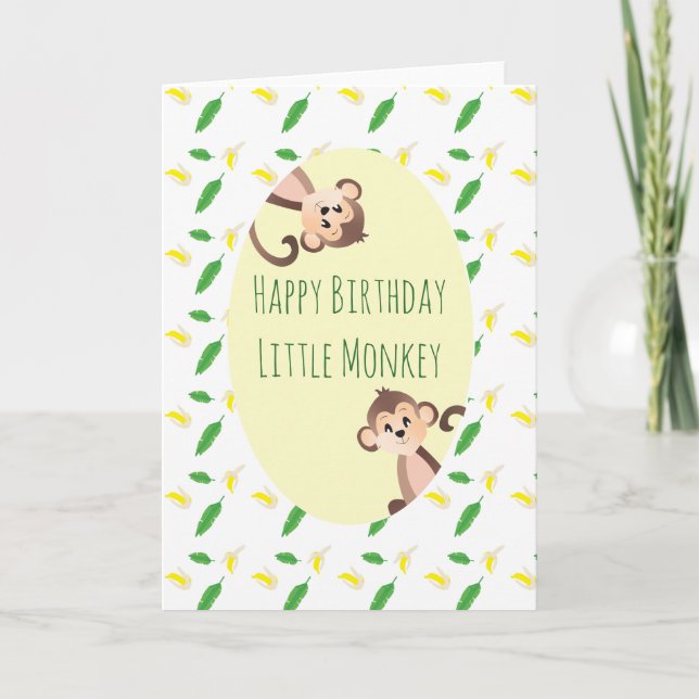 Little Monkey Tropical Leaf Banana Peels Birthday Card (Front)