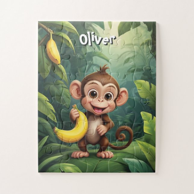 Little Monkey with Banana Personalised Jigsaw Puzzle (Vertical)