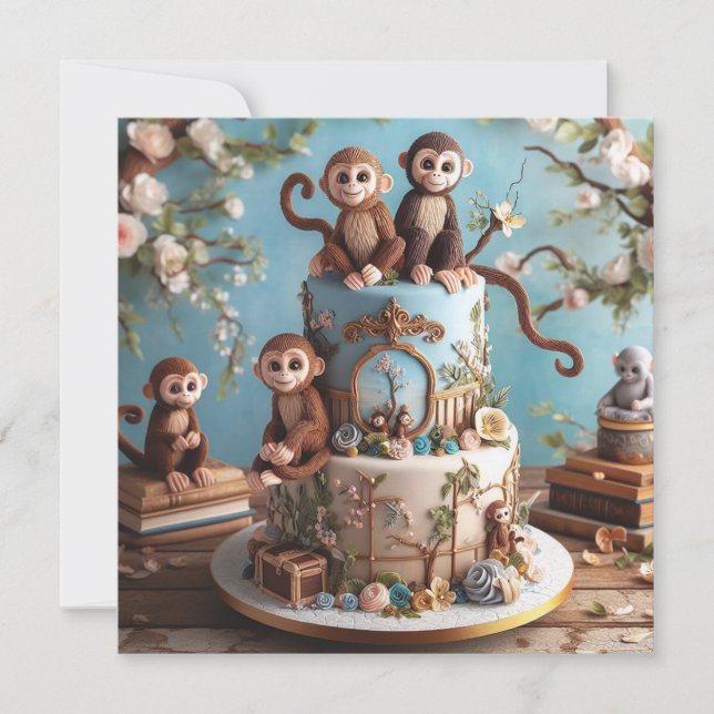 LITTLE MONKEYS THEMED BIRTHDAY CAKE  INVITATION (Front)