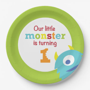 Little Monster 1st Birthday blue green Paper Plate