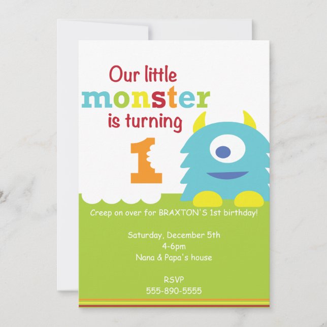 Little Monster 1st Birthday invitation blue green (Front)