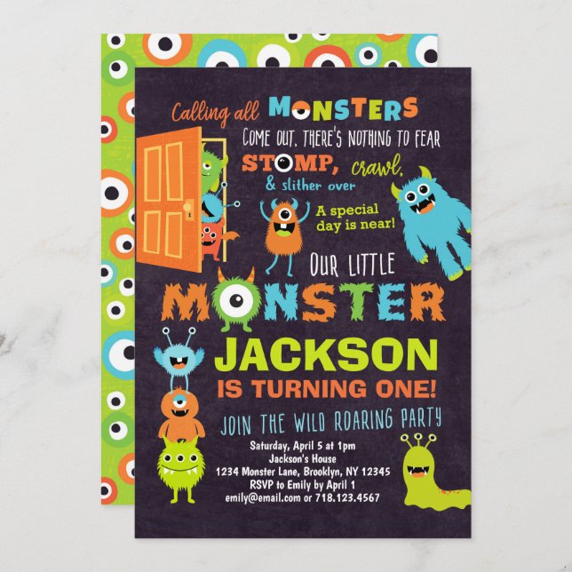 Little Monster 1st Birthday Invitation Boys (Front/Back)