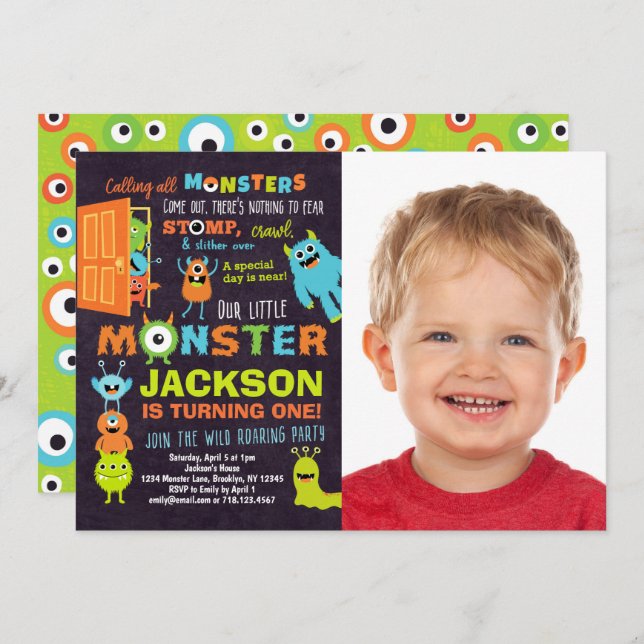 Little Monster 1st Birthday Photo Invitation (Front/Back)