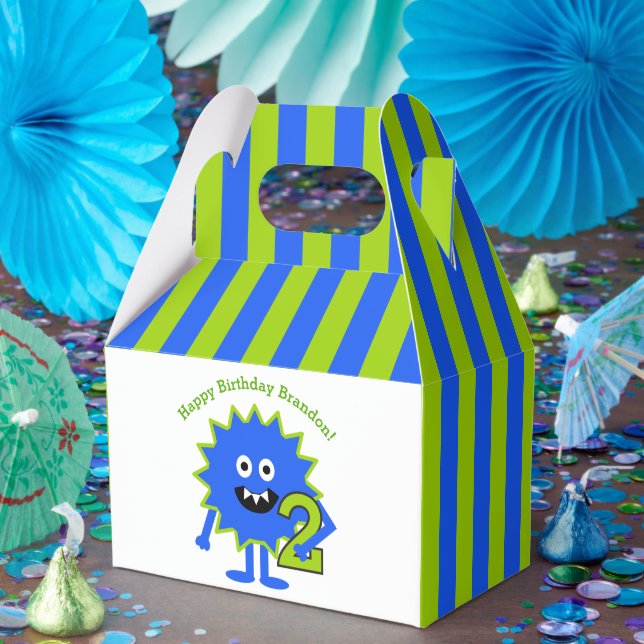 Little Monster 2nd Birthday Boy Blue Green Stripes Favour Box (Party)