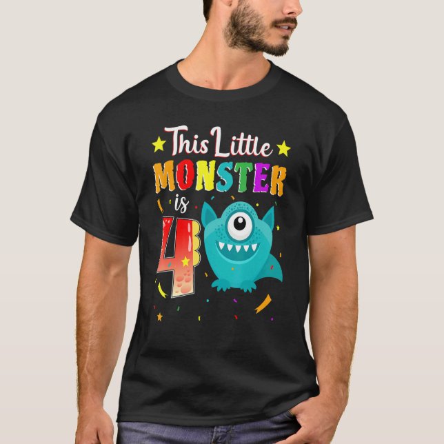 Little Monster 4th Birthday Party Monster 4 Years  T-Shirt (Front)