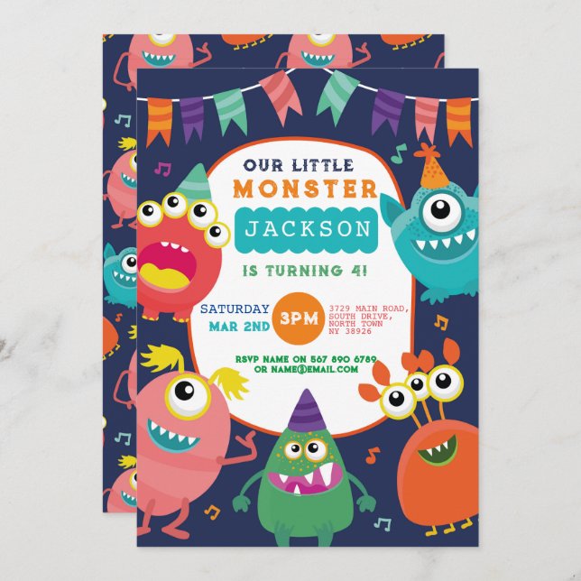 Little Monster Birthday Fun Girl Boys Invite (Front/Back)