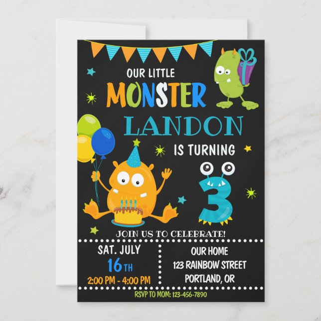 Little monster birthday invitation for boy (Front)