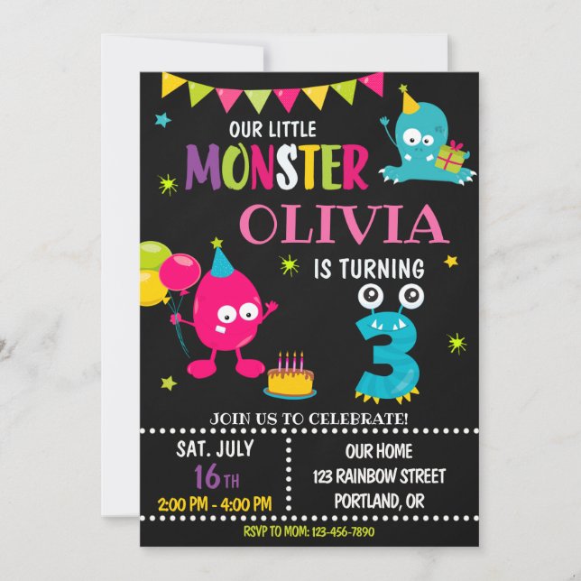 Little monster birthday invitation for girl (Front)