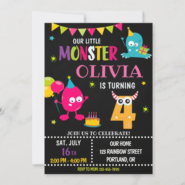Little monster birthday invitation for girl (Front)