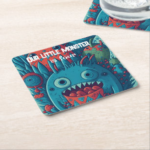 Little monster birthday party blue red square paper coaster