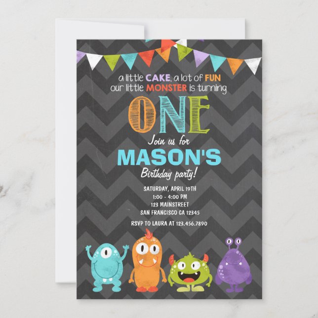 Little Monster Birthday Party Invitation Chalk (Front)