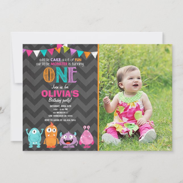 Little Monster Birthday Party Invitation Girl Pink (Front)