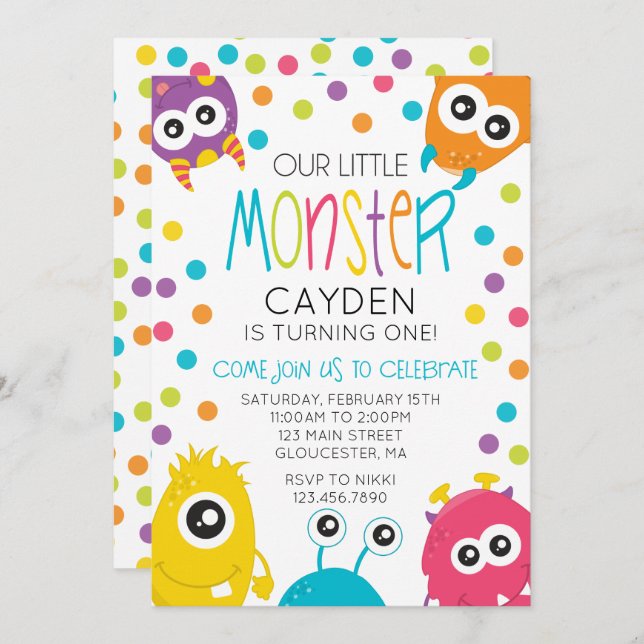 Little Monster Birthday Party Invite Polka Dots (Front/Back)