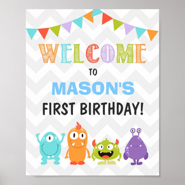 Little Monster birthday Welcome Sign Boy white (Front)