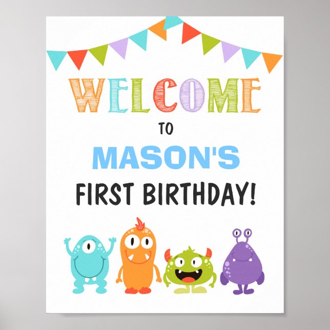Little Monster birthday Welcome Sign Boy white (Front)