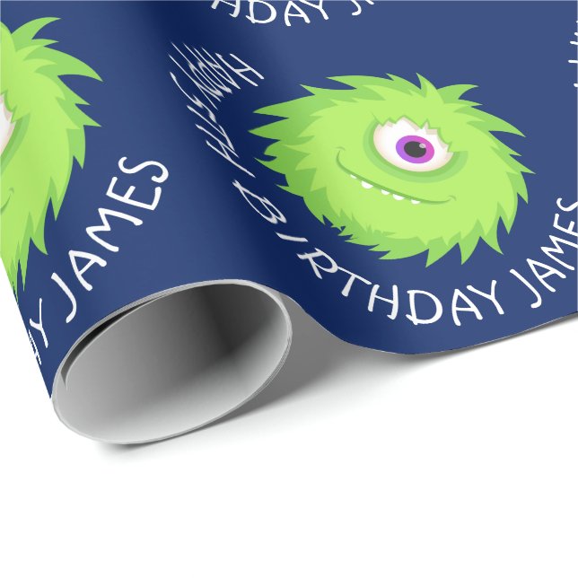 Little Monster Blue Green Personalised Wrapping Paper (Roll Corner)