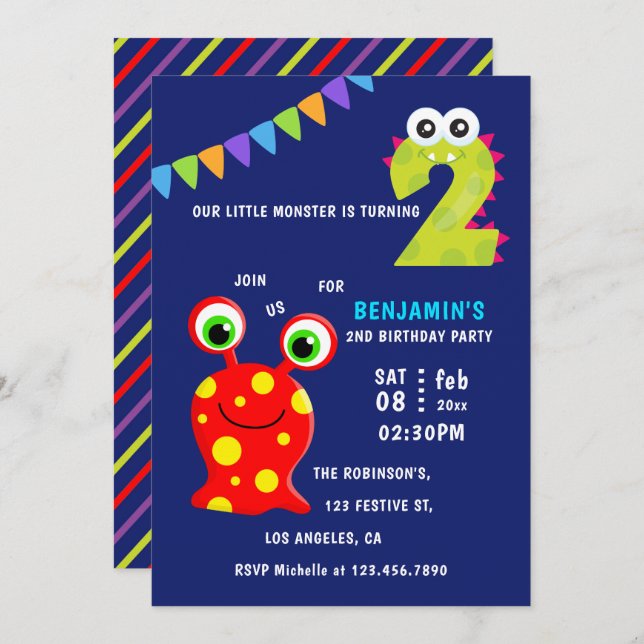 Little Monster Boy 2nd Birthday Party Invitation (Front/Back)