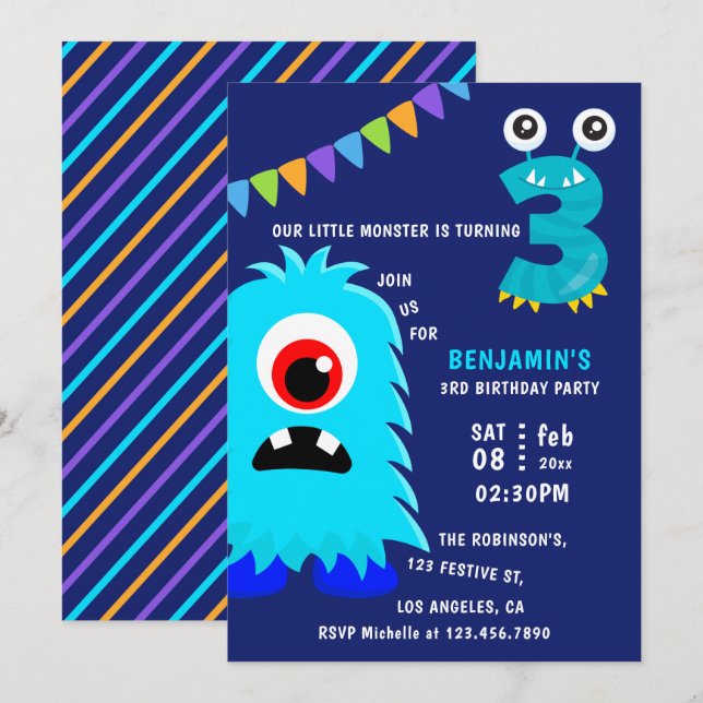 Little Monster Boy 3rd Birthday Party Invitation (Front/Back)