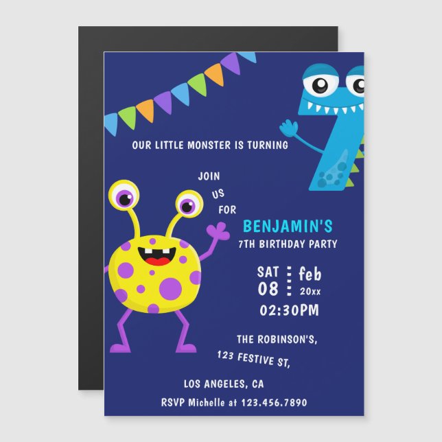 Little Monster Boy 7th Birthday Party Magnetic Invitation (Front/Back)