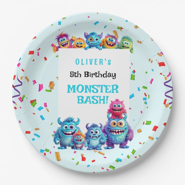 Little Monster Boy Birthday Party Paper Plates (Front)