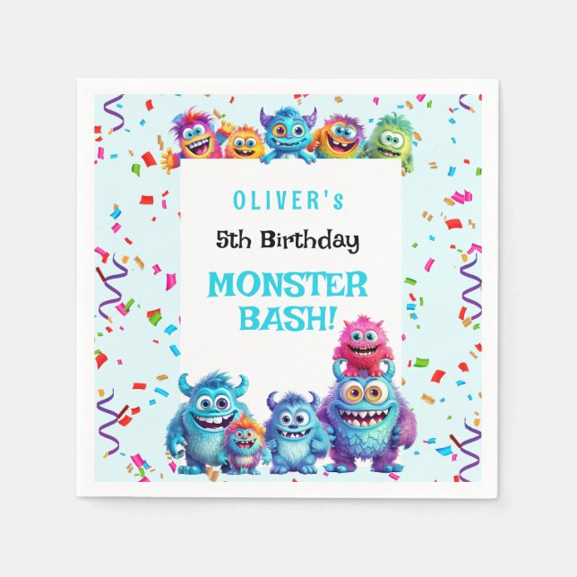 Little Monster Boy Colourful Birthday Party Napkin (Front)