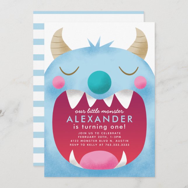 Little Monster Boys Birthday Party Blue Invitation (Front/Back)