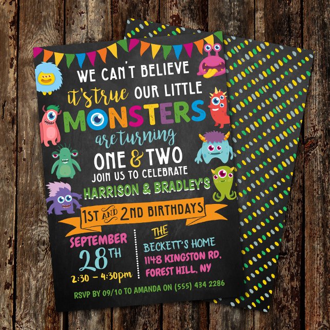Little Monster Chalkboard 1st & 2nd Joint Birthday Invitation (Creator Uploaded)