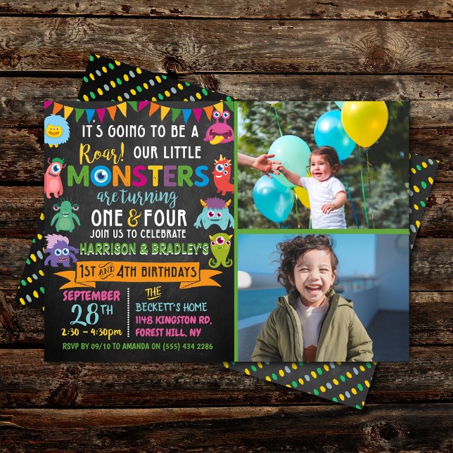 Little Monster Chalkboard 1st & 4th Joint Birthday Invitation (Creator Uploaded)
