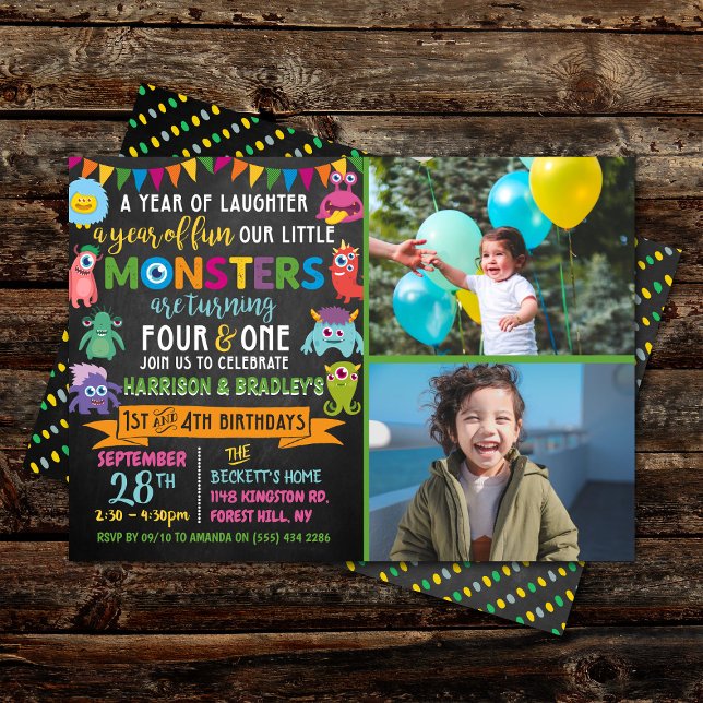 Little Monster Chalkboard 1st & 4th Joint Birthday Invitation (Creator Uploaded)
