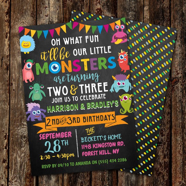 Little Monster Chalkboard 2nd & 3rd Joint Birthday Invitation (Creator Uploaded)