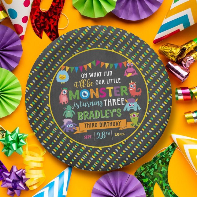Little Monster Chalkboard 3rd Birthday Party Paper Plate (Creator Uploaded)
