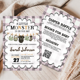 Little Monster Clothesline Gingham Baby Shower Invitation