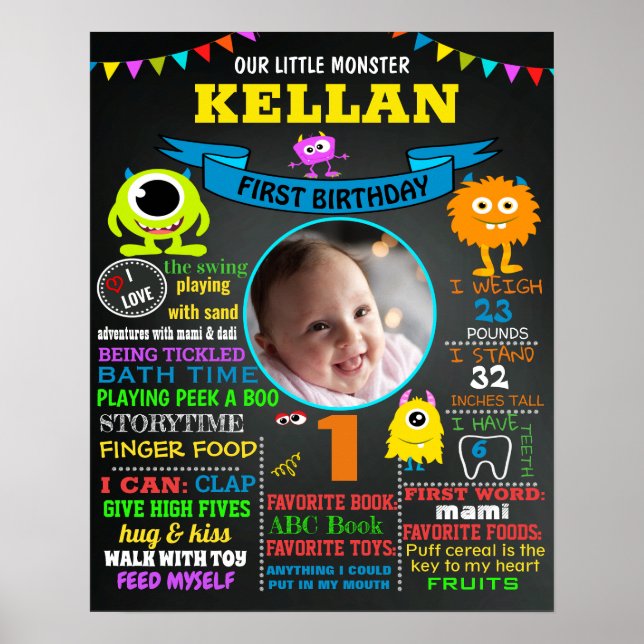Little Monster First birthday chalkboard Poster (Front)