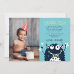 Little Monster | Flat Thank You Photo Card<br><div class="desc">Cute flat thank you cards for your little monsters birthday feature a cute smiling monster illustration sporting a dapper lime green bow tie, on a turquoise background. Personalise with your message of thanks and the birthday boy's name. Finish by adding a special photo of the birthday boy at the left....</div>