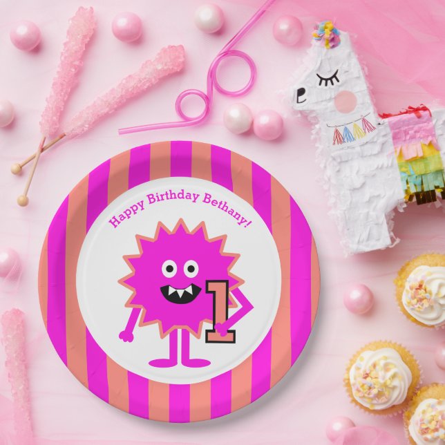 Little Monster Girl 1st Birthday Pink Stripes Cute Paper Plate (Party)