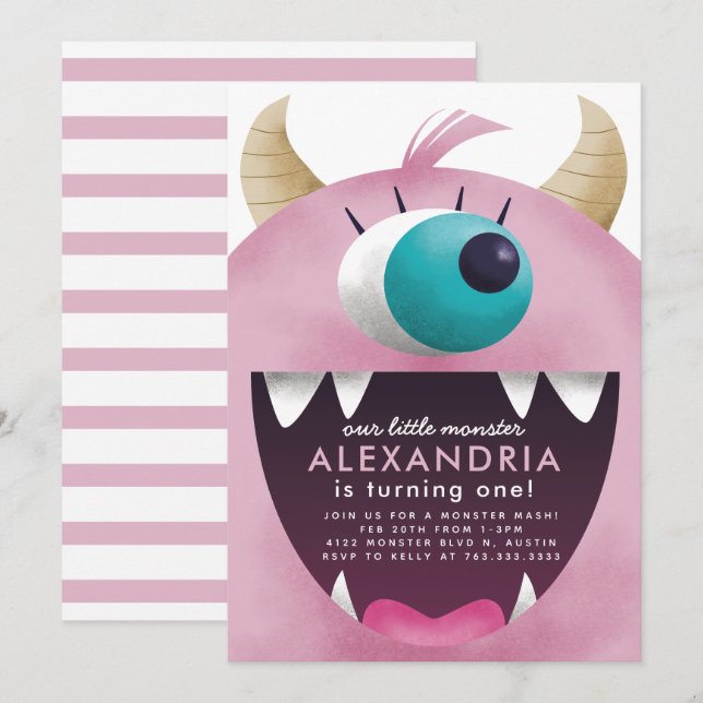 Little Monster Girls Pink Birthday Party Invitation (Front/Back)