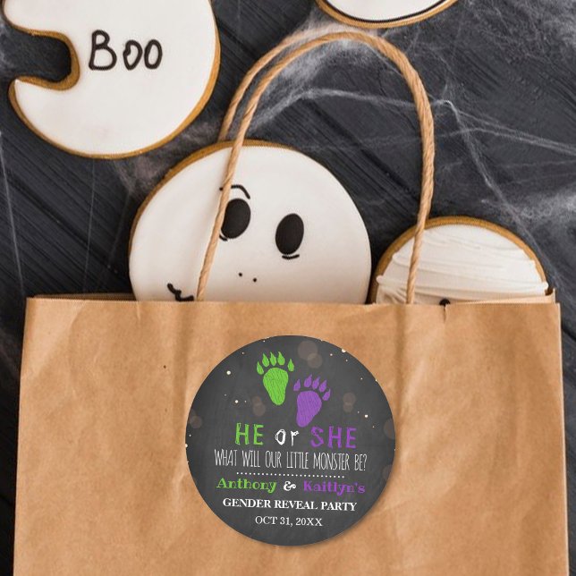 Little Monster Halloween Gender Reveal Party Classic Round Sticker (Creator Uploaded)