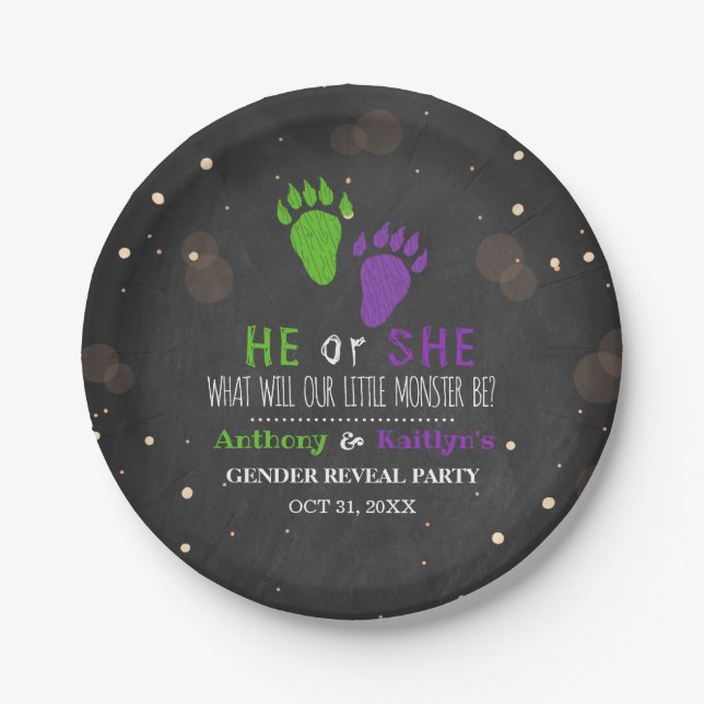 Little Monster Halloween Gender Reveal Party Paper Plate (Front)