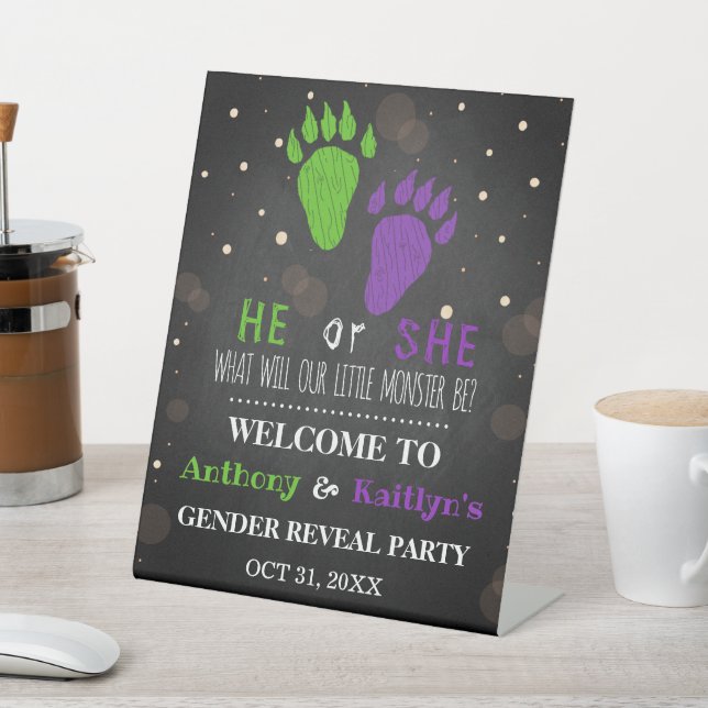 Little Monster Halloween Gender Reveal Party Pedestal Sign (In SItu)