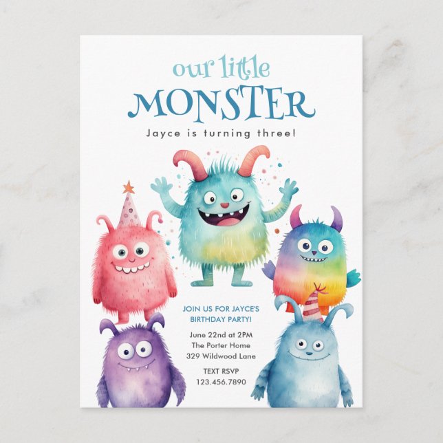Little Monster Kids Birthday Party Invitation Postcard (Front)