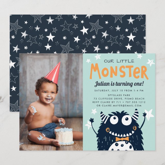 Little Monster Kids Birthday Party Photo Invitation (Front/Back)
